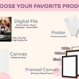 May include: Image showcasing product options: Digital File, Poster, Canvas, and Framed Canvas. The digital file is available in PNG, JPG, and PDF formats. Framed canvas options include white, walnut, and black frames. The text reads "CHOOSE YOUR FAVORITE PRODUCT."