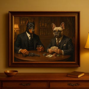 Custom Mafia Pet Portrait – Dog Gangsters in Speakeasy, Funny Vintage Pet Art with Cards and Whiskey, Personalized Gift for Pet Lovers