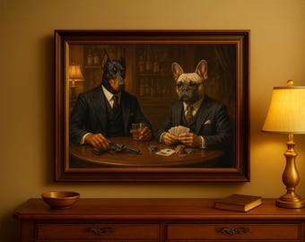 Custom Mafia Pet Portrait – Dog Gangsters in Speakeasy, Funny Vintage Pet Art with Cards and Whiskey, Personalized Gift for Pet Lovers