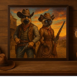 Custom Cowboy Pet Portrait – Dog and Cat in Wild West Attire, Personalized Western Pet Art, Funny Country Style Wall Decor,Western pet decor