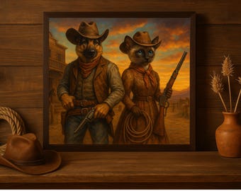 Custom Cowboy Pet Portrait – Dog and Cat in Wild West Attire, Personalized Western Pet Art, Funny Country Style Wall Decor,Western pet decor