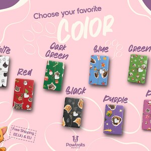May include: A promotional image showcasing gift wrap in various colors: white, red, dark green, blue, green, black, purple, and pink. Each wrapped gift features a different pet-themed design. The text "Choose your favorite COLOR" is displayed at the top.