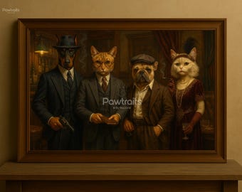 Gangster 4 Pets Portrait–Custom Dog & Cat Mobster Painting, Vintage Noir Animal Art, Mafia dog portrait, 4 pets canvas from photo, mafia cat