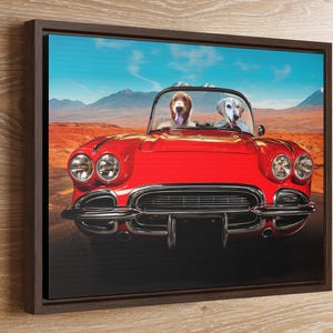 Aangepast grappig huisdierportret, gepersonaliseerde huisdierkunst, hond rijden, portret van twee huisdieren, koninklijk hondenportret, portret van mens en huisdier, kamergenoot cadeau