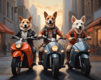 May include: Three corgi dogs wearing leather jackets and helmets are riding scooters down a city street. The scooters are red, blue, and green. The dogs are all smiling and appear to be enjoying their ride.