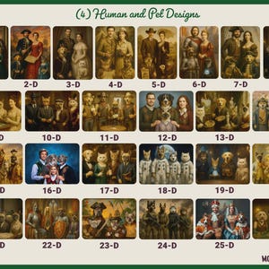 May include: A collection of 26 portrait designs featuring humans and pets in various historical and fantasy settings. Each design is labeled with a number and the letter "D". The images showcase a variety of animals, including dogs and cats, dressed in period clothing.