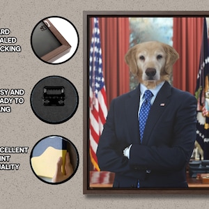 May include: A framed canvas print of a golden retriever dog dressed in a blue suit and tie, standing in front of an American flag. The dog is looking directly at the camera with a serious expression. The print is ready to hang and has a hard sealed backing.