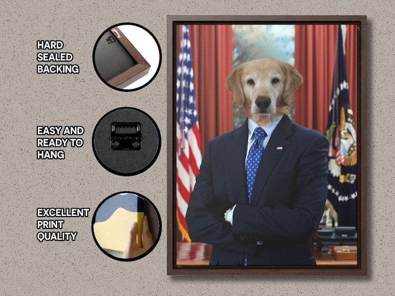 May include: A framed canvas print of a golden retriever dog dressed in a blue suit and tie, standing in front of an American flag. The dog is looking directly at the camera with a serious expression. The print is ready to hang and has a hard sealed backing.