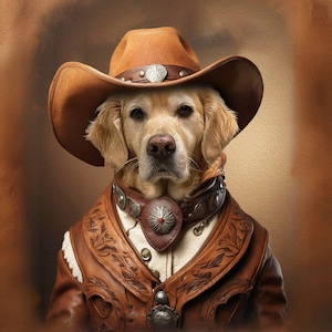 Portrait d'animal de compagnie personnalisé, art cowboy pour animaux de compagnie, portrait personnalisé drôle, décoration de bar, art occidental, chien de cowboy, idée cadeau pour lui, déco homme des cavernes, chat de cowboy