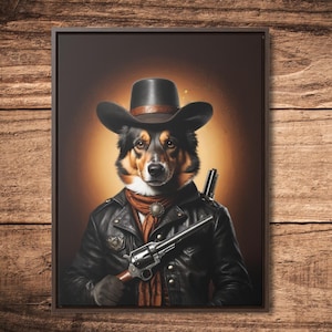 Portrait d'animal de compagnie, portrait d'animal de compagnie de cow-boy, idée cadeau d'anniversaire, portrait de chien drôle, cadeau pour lui, portrait de chien, homme des cavernes, cadeau pour mari
