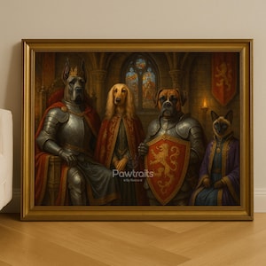 May include: A framed artwork featuring four regal animals: a Great Dane in armor, a Saluki in a red cloak, a Boxer with a shield, and a Siamese cat in royal attire. The artwork is set in a medieval castle with stained glass windows and a gold frame.