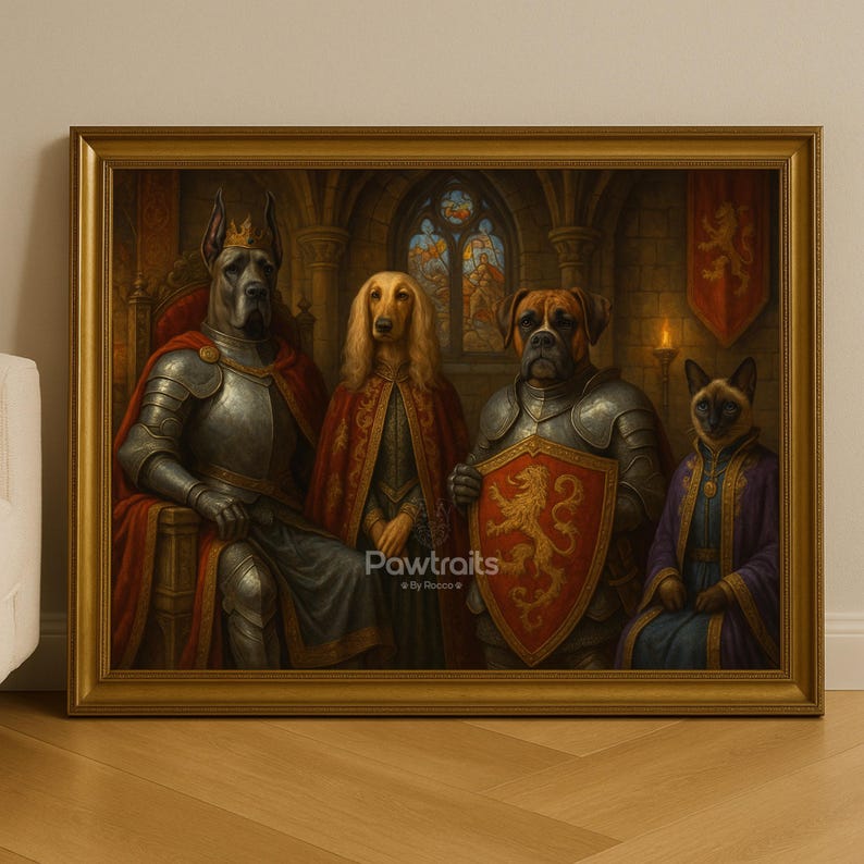 May include: A framed artwork featuring four regal animals: a Great Dane in armor, a Saluki in a red cloak, a Boxer with a shield, and a Siamese cat in royal attire. The artwork is set in a medieval castle with stained glass windows and a gold frame.