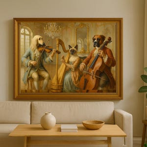 Custom Pet Portrait Rococo Style –Classical Animal Orchestra Art Featuring Dogs & Cat Playing Instruments, Funny Baroque Gift for Pet Lovers