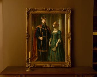 May include: A framed oil painting of a man and a dog in a regal setting. The man is wearing a blue and gold robe with a crown on his head. The dog is wearing a crown and a green dress. The painting is set against a backdrop of a cathedral.