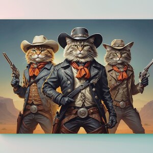 Custom 3 pets portrait, cowboy 3 pets painting, cat print art, custom western decor, 3 cats portrait, san valentine's gift, cowboy gift