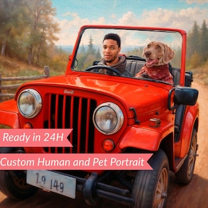 Custom human and Pet Portrait in off-road car, Off-road decor, Personalized pet artwork, human and dog driving print, Father's Day gift