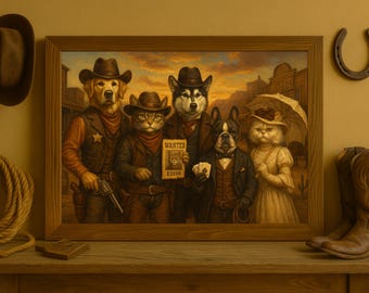 Custom Wild West Pet Portrait – 5 pets Cowboy & Outlaw Artwork (Up to 5 Pets), Fathers day gift idea, western decor, cowboy dog, cowboy cat