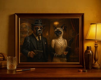 Custom Speakeasy Pet Portrait – 1920s Gangster Dog and Flapper Cat, Funny Mafia Pet Art, Personalized Vintage Pet Wall Decor, Mafia dog cat
