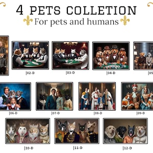May include: A collection of 12 digital paintings featuring pets and their humans in various settings. The paintings are in a realistic style and feature a variety of animals, including dogs, cats, and a rabbit. The paintings are all framed in gold and have a white background.