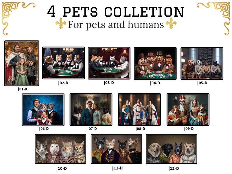 May include: A collection of 12 digital paintings featuring pets and their humans in various settings. The paintings are in a realistic style and feature a variety of animals, including dogs, cats, and a rabbit. The paintings are all framed in gold and have a white background.