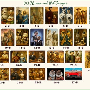 May include: A collection of 27 framed art prints featuring anthropomorphic animals in various historical and modern settings. The prints showcase dogs and cats dressed in costumes, with text that reads "(2) Human and Pet Designs".