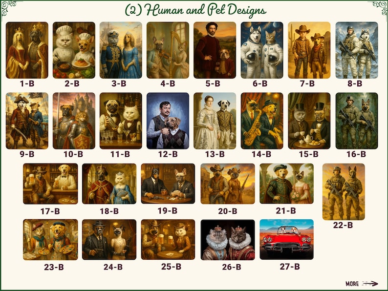 May include: A collection of 27 framed art prints featuring anthropomorphic animals in various historical and modern settings. The prints showcase dogs and cats dressed in costumes, with text that reads "(2) Human and Pet Designs".