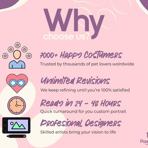 May include: A pink graphic with the text "Why choose us?" and icons representing customer satisfaction, revisions, turnaround time, and professional designers. The text highlights the benefits of the service.