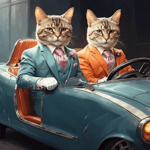 pet driving a car custom 2 pets portrait, personalized canva with 2 pets photo, cat driving a car, dog driver, 2 pets driving a car portrait