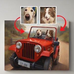 2 pets portrait, pet driving car, Canva with 2 pets photo, Pet lover Art, Gift Idea, Funny Pet Portraits, pet lover gift