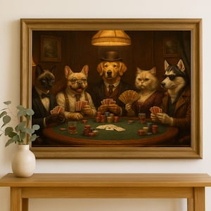 Custom Poker 5 Pets Portrait – Funny Pet Portrait Poker Art (Up to 5 Pets), unique gift for him, Fathers Day gift, Dogs playing poker canvas