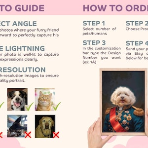 May include: A guide for ordering custom pet portraits. The image shows a dog portrait in a military uniform. Text includes "Photo Guide" with tips on angle, lighting, and resolution. "How to Order" steps are also shown. The image is held by two hands.