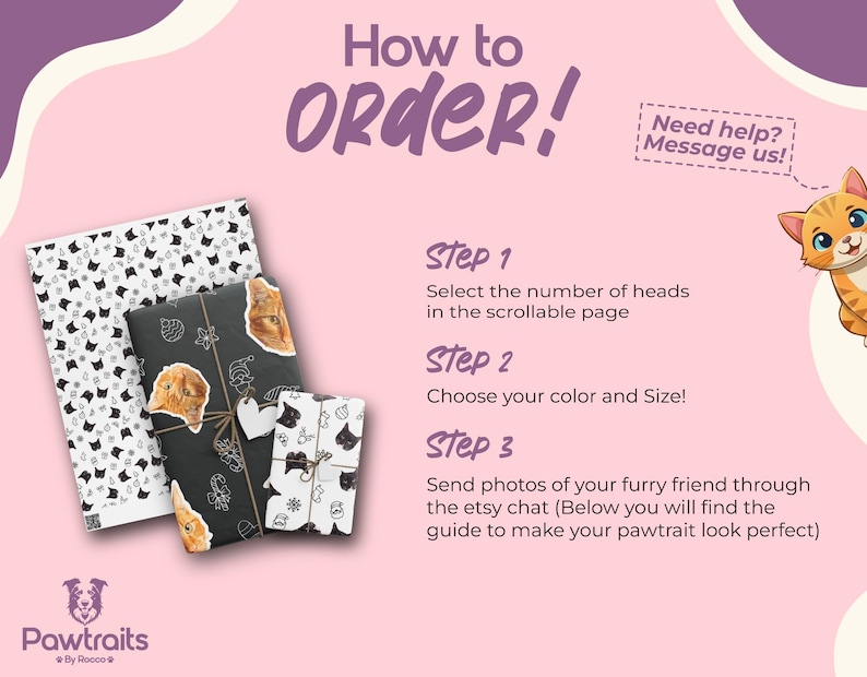 May include: A pink and purple graphic with the text "How to Order!" and instructions for ordering custom pet portraits. The image includes examples of wrapped gifts with pet portraits and a cartoon cat.