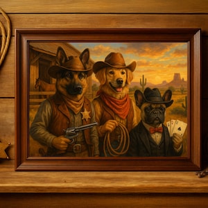 Custom Wild West Pet Portrait–Cowboy 3 pets portrait, Cowboy dog and cat, Personalized Funny Western Pet Art for Rustic Decor, gift for him