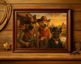Custom Wild West Pet Portrait–Cowboy 3 pets portrait, Cowboy dog and cat, Personalized Funny Western Pet Art for Rustic Decor, gift for him