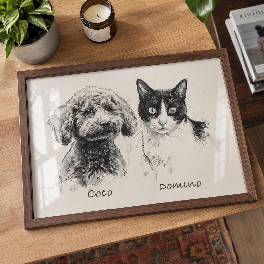 Dog and Cat Portrait in Charcoal, 2 Pets on One Landscape Print