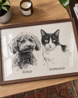 Dog and Cat Portrait in Charcoal, 2 Pets on One Landscape Print
