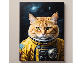 Könnte beinhalten: Eine gelbe und orange Katze trägt einen gelben Astronautenanzug mit einer an der Brust befestigten Kamera. Die Katze schaut direkt auf den Betrachter. Der Hintergrund ist dunkelblau mit Sternen und Planeten.