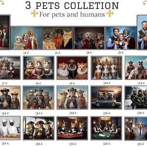 May include: A collage of 21 images featuring pets dressed in various costumes and settings. The images are arranged in a grid format with a title at the top that reads "3 PETS COLLETION For pets and humans".