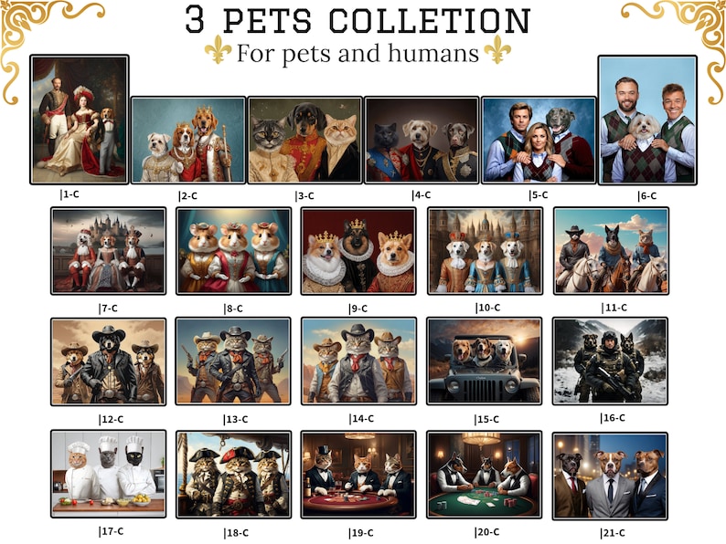 May include: A collage of 21 images featuring pets dressed in various costumes and settings. The images are arranged in a grid format with a title at the top that reads "3 PETS COLLETION For pets and humans".