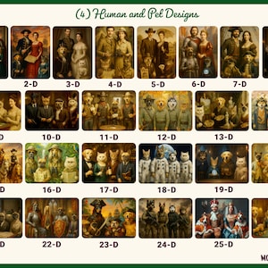 May include: A collection of 26 framed art prints featuring human and pet designs. Each print showcases a unique portrait of people and animals in various historical and fantasy settings. The prints are labeled with numbers and letters.