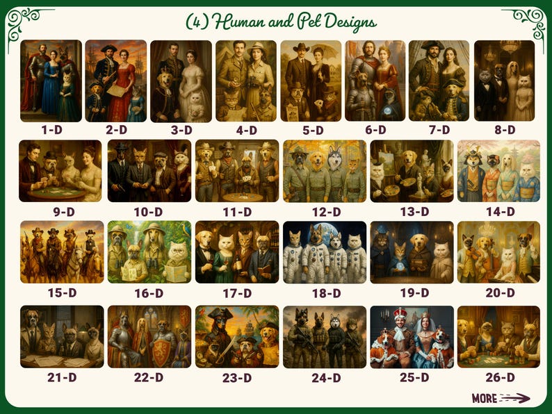 May include: A collection of 26 framed art prints featuring human and pet designs. Each print showcases a unique portrait of people and animals in various historical and fantasy settings. The prints are labeled with numbers and letters.