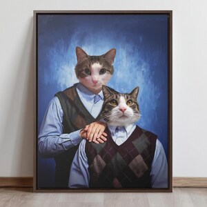 May include: A painting of two cats dressed in blue shirts and patterned vests. The cat on the left is wearing a brown vest and the cat on the right is wearing a brown and white vest. The cats are posed against a blue background.