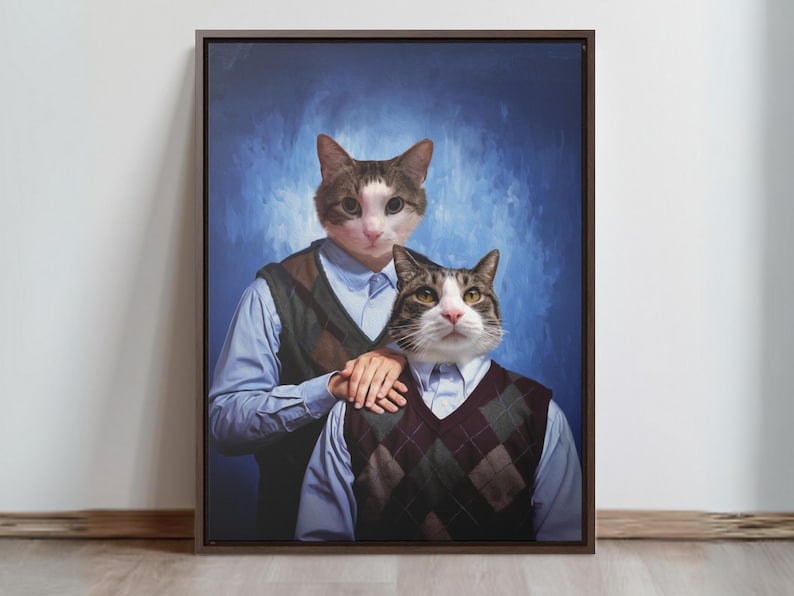 May include: A painting of two cats dressed in blue shirts and patterned vests. The cat on the left is wearing a brown vest and the cat on the right is wearing a brown and white vest. The cats are posed against a blue background.
