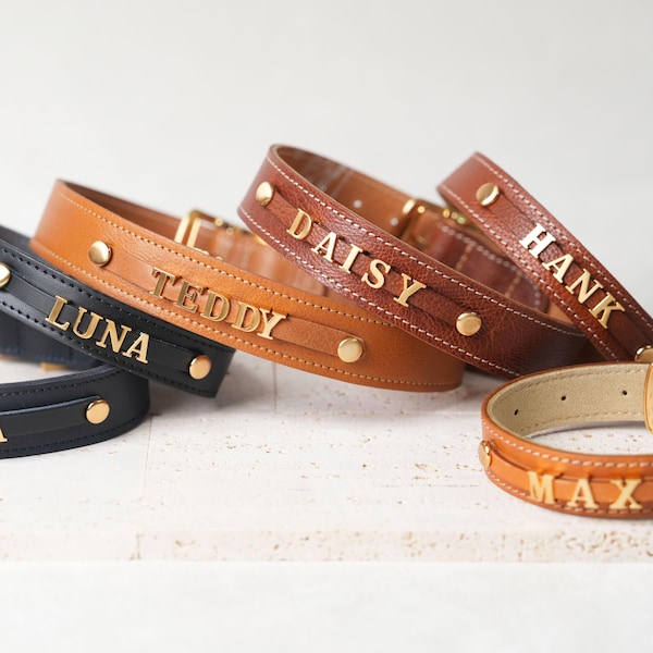 Gepersonaliseerde leren hondenhalsband met metalen letterbedel, aangepaste naam huisdierhalsband, handgemaakt