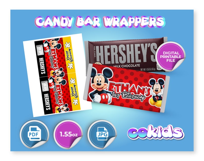 Mickey Mouse Candy bar Label. Mickey Mouse Party. Candy Bar label: 1.5 oz chocolate. Printable label. Digital File
