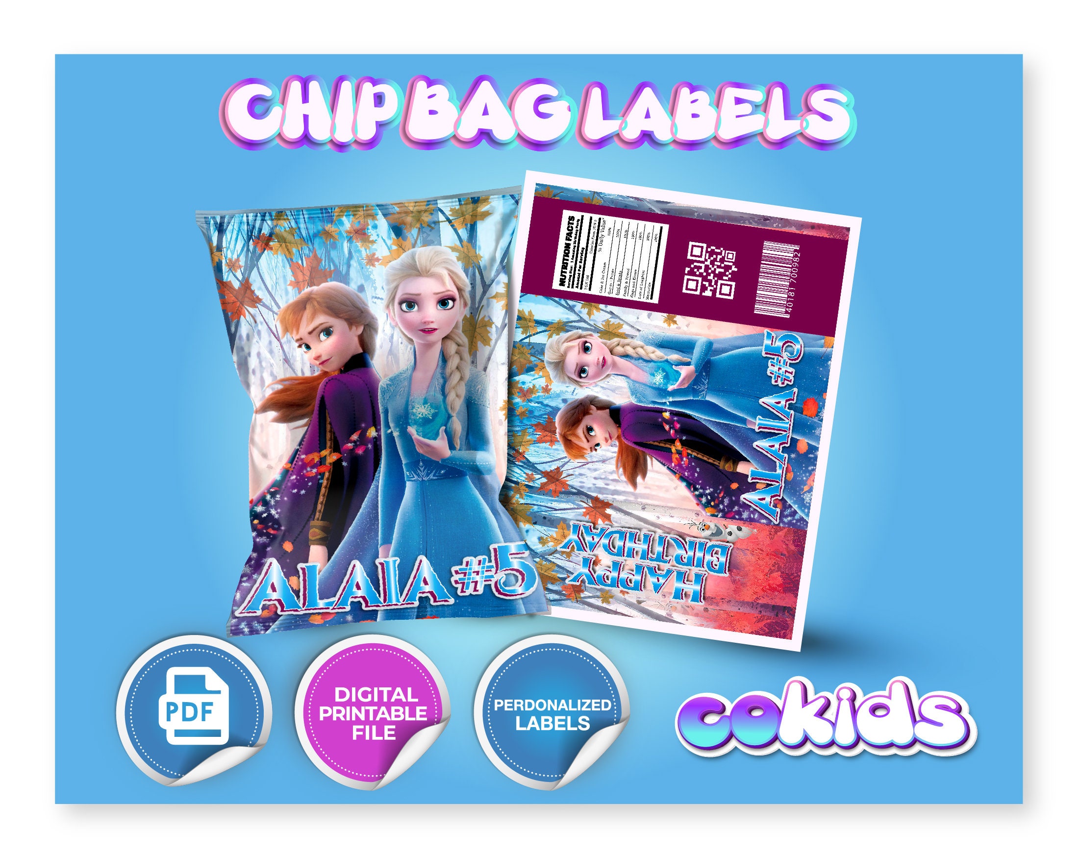 Frozen Custom Chip Bag (with name and age). Chip Bag Wrapper Label. Frozen Party. Digital File. Not Instant Download