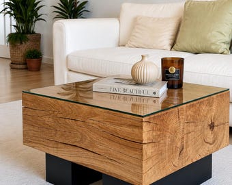 Solid oak coffee table with glass top or rustic style | Handcrafted living room table | Black metal frame | Industrial design
