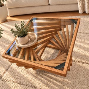 Table basse en chêne massif et verre de sécurité | Table design pour salon | Fabrication artisanale | Chêne allemand | TwistOak