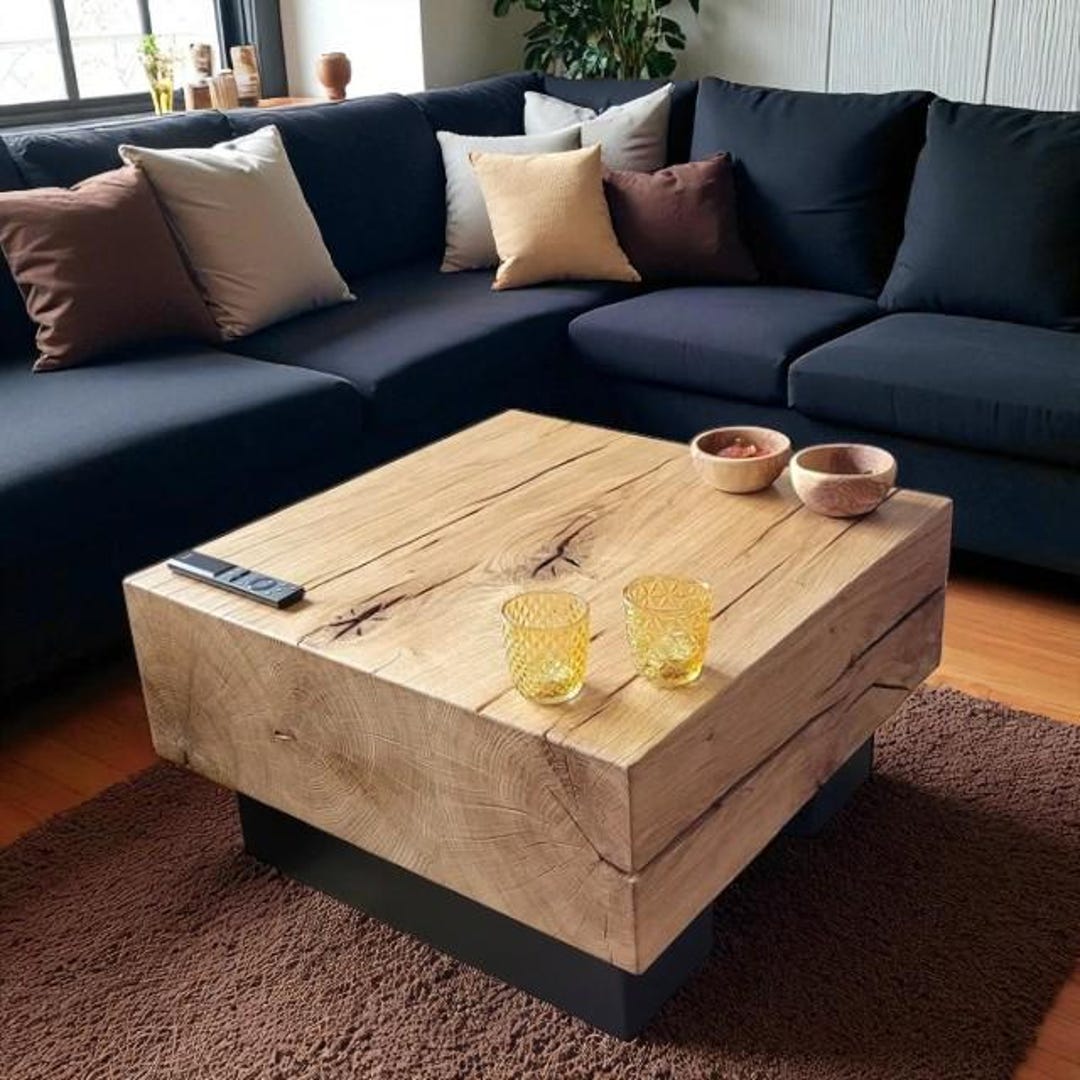 Couchtisch Eiche Massivholz mit Glasplatte oder Rustikal | Handgefertigter Wohnzimmertisch | Schwarzes Metallgestell | Industrial Design