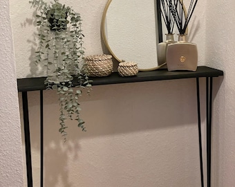 Table console noire avec pieds en épingle à cheveux (avec légère lisière de forêt)